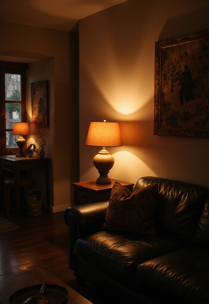 21 Black And Rust Living Room Ideas That Will Transform Your Space! - 9. Warm Lighting with Rusty Shades